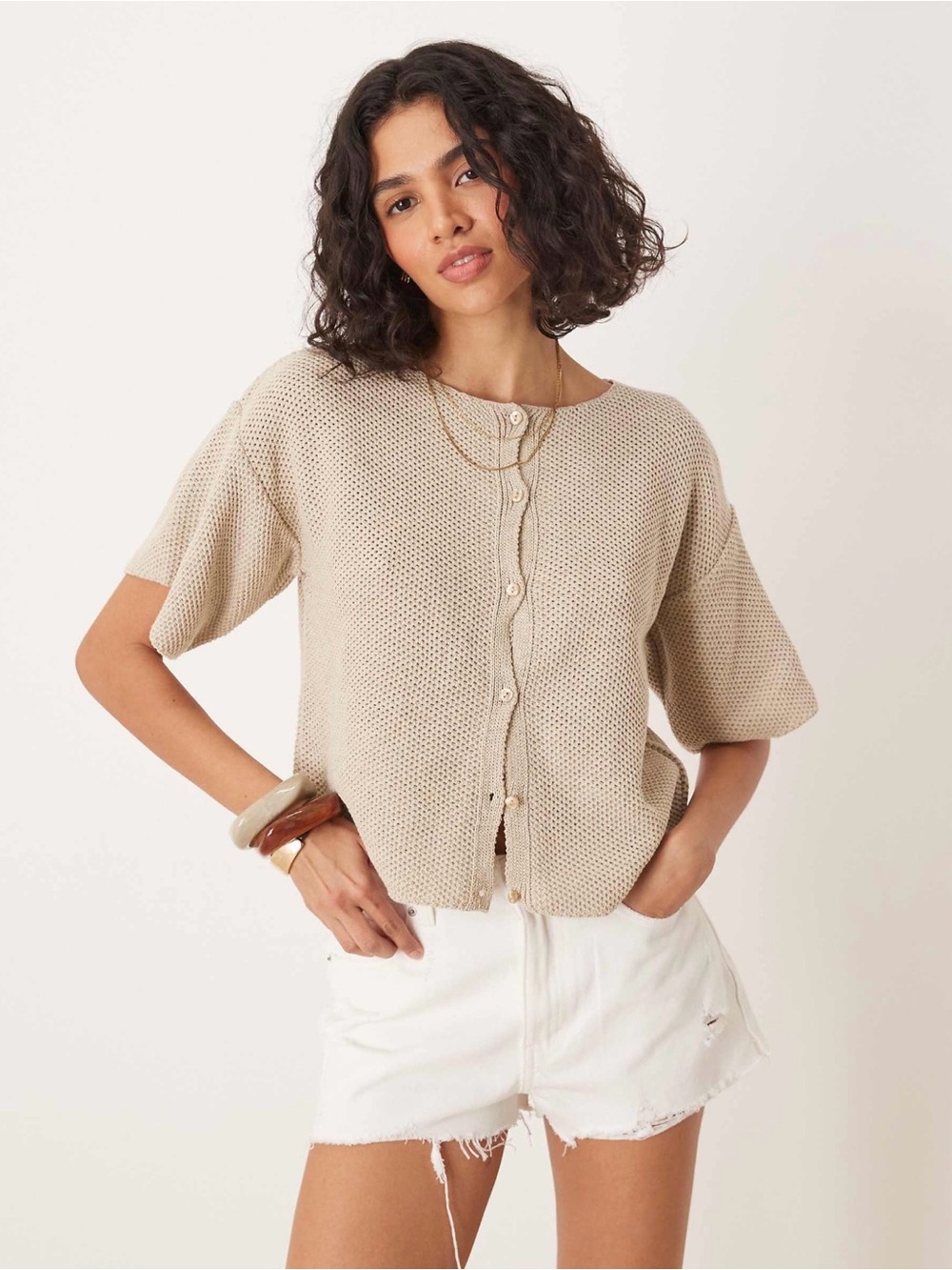 ASOS Beige Button-Front Knit Short Sleeve Cardigan in color Oatmeal